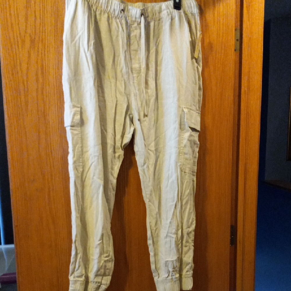 Womens Liz Claiborne pants linen blend moonbeam beige elastic waist drawstring